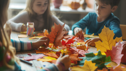 Children crafting with paper leaves in autumn colors at table. Engaging in fall-themed arts and crafts activity indoors with focus on creativity and seasonal fun