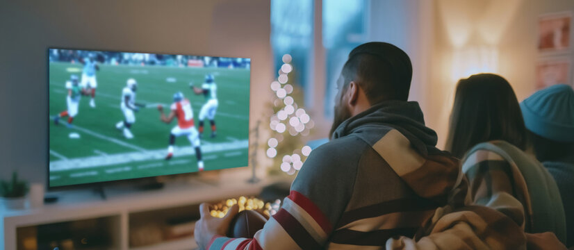 Friends watching a Thanksgiving football game on TV, cheering and eating snacks, cozy living room