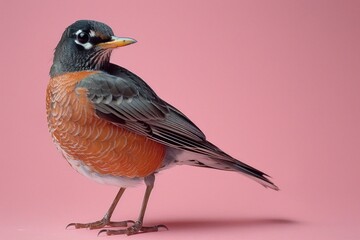 American Robin, isolated on pastel background, stock photographic style