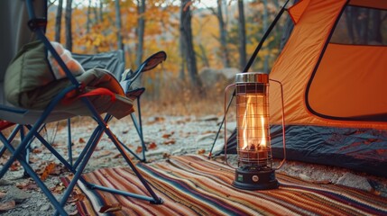 Cozy Outdoor Camping with Portable Propane Heater, Tent, and Forest View - Perfect for Autumn Campers