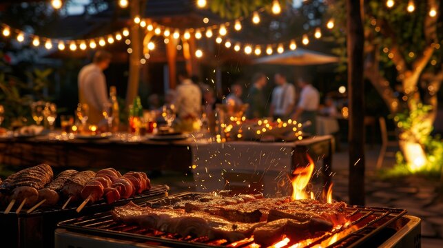 Lively Summer Barbecue Party with Grill, Fairy Lights, and Guests Enjoying Food and Music