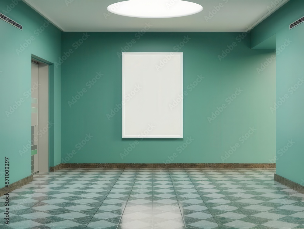 Wall mural blank billboard in modern interior vertical advertising space tiled floor teal background clean line