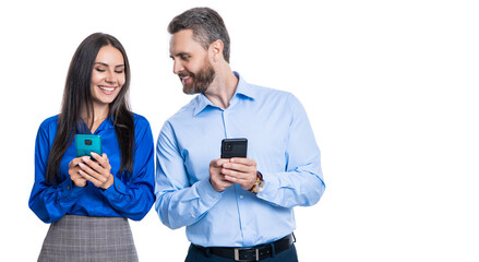 online business. business man and woman in suit use phone. texting businessman chatting in blog....