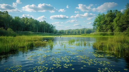 A realistic photo of a serene wetland, home to various bird species and aquatic plants, highlighting the need for wetland preservation and habitat protection. , Minimalism,