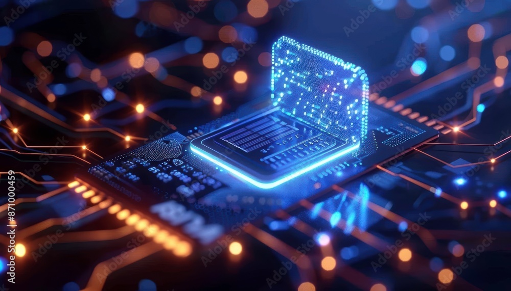 Poster a glowing cpu chip on a circuit board, representing the power of technology.