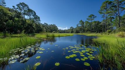 A realistic photo of a serene wetland, home to various plant and animal species, highlighting the need for wetland preservation and habitat protection. , Minimalism,