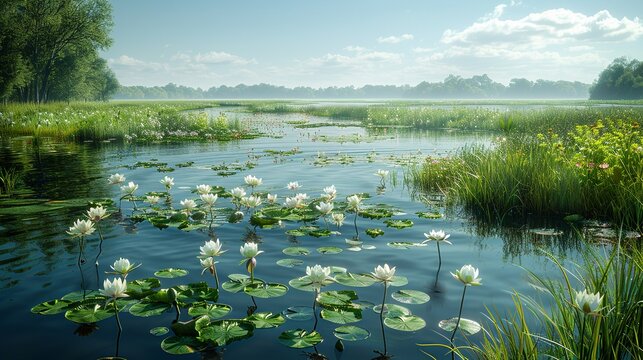 A realistic photo of a serene wetland, home to various plant and animal species, highlighting the need for wetland preservation and habitat protection. , Minimalism,
