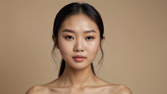 Close up portrait beautiful young Asian woman with healthy facial skin. Beauty, High Self Esteem and Wellness. Natural Cosmetic Skincare Products. Elevating Close-up Portrait with Isolated Background