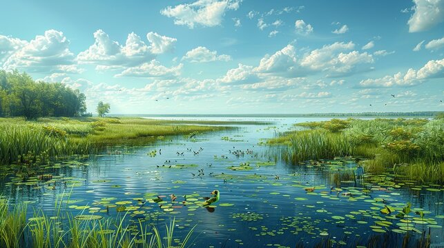 A realistic photo of a wetland habitat, teeming with birdlife and aquatic plants, emphasizing the significance of wetland preservation and the need for habitat protection. , Minimalism,