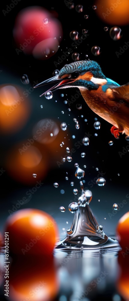 Poster abstract photo of water droplets falling on a metallic object with a blurred background.