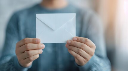 Hands holding a white envelope on a blue background.