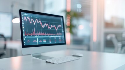 Computer monitor displaying stock market data, charts, and analysis.
