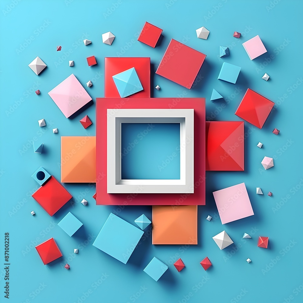 Poster abstract geometric frame concept with vibrant colorful blocks and shapes in minimalist studio compos