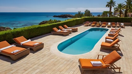Fototapeta premium beautiful pool and reclining seats with relaxing ambiance in the Caribbean region.