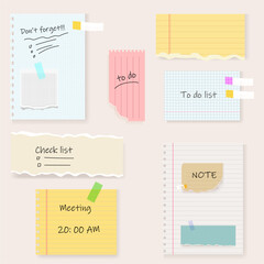 Torn sheets of paper. Torn paper strips. Vector Set of Blank notepad pages vector illustration.Paper glued to wall with tape. Vector illustration.