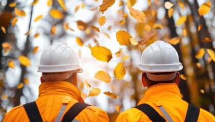 Two construction workers in hard hats stand in a forest, surrounded by falling autumn leaves.