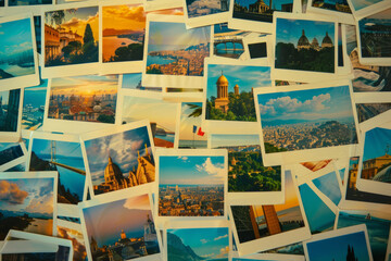 Numerous photographs showcases iconic landmarks from various cities laid out on a table, captured from a top-down perspective, with an empty space in the center for additional content or text.