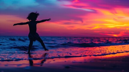 Silhouette of a child dancing at the water's edge, vivid sunset hues, expressing happiness, [child silhouette sunset beach], [joyful expression]