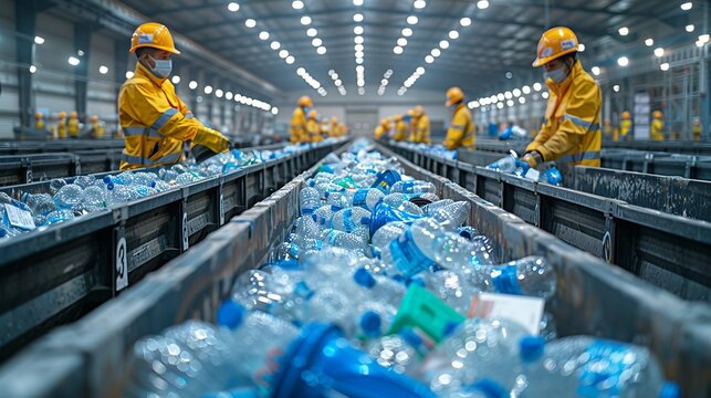 Realistic Photo of a Recycling Facility: Capture a bustling recycling center with workers sorting plastics, metals, and papers, showcasing the essential process of waste management and