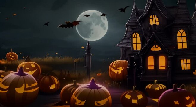 Halloween night decorative with bat and moon background Cartoon or anime watercolor painting illustration style seamless looping virtual video animation background 4k animation