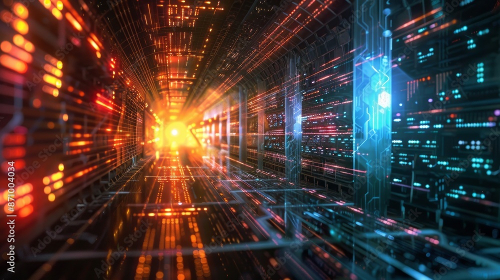 Poster a digital tunnel with glowing, neon-colored pathways represents the future of computing