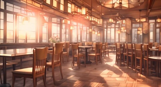 Interior of a restaurant background Cartoon or anime watercolor painting illustration style seamless looping virtual video animation background 4k animation