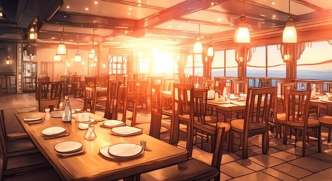 Interior of a restaurant background Cartoon or anime watercolor painting illustration style seamless looping virtual video animation background 4k animation