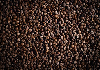 Dark roast coffee bean pile, with a rich brown texture perfect for coffee backgrounds.