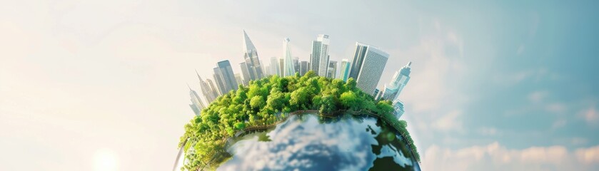 Fototapeta premium A conceptual image depicting a green planet with urban skyscrapers, illustrating the balance between nature and urbanization.