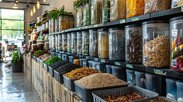 Realistic Photo of a Zero-Waste Store: Capture a zero-waste store with bulk bins and reusable containers, emphasizing sustainable shopping practices. , Minimalism,