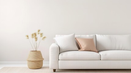 Minimalist living room interior with a white sofa and decorative elements.