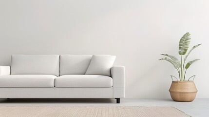 Minimalist living room interior with white sofa, plant, and rug.