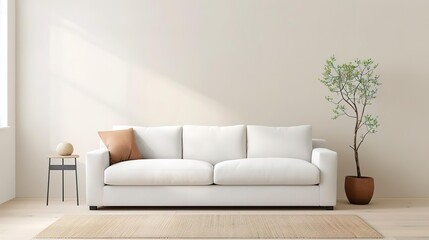 Minimalist living room with white sofa,  natural light and a small plant