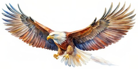 Obraz premium Watercolor Illustration of Predatory Bird in Flight on White Background, watercolor, illustration, bird of prey, flight, white background