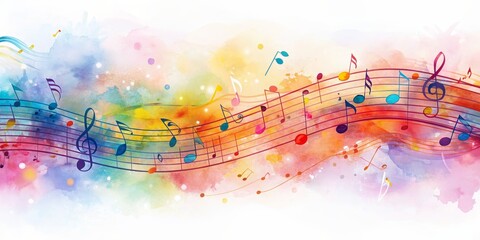 Watercolor musical notes in long and narrow background.