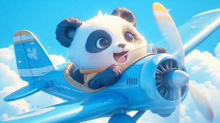 Cute cartoon panda flying a plane in the sky. Adorable baby panda pilot, perfect for children's book illustrations, greeting cards, or animation.