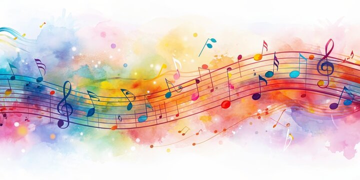 Watercolor musical notes in long and narrow background.