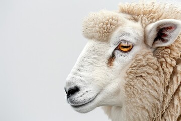 Close-up of sheep with curly wool on white background.