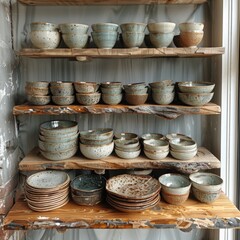 Artisanal Elegance: Handmade Pottery Display on Wooden Shelves