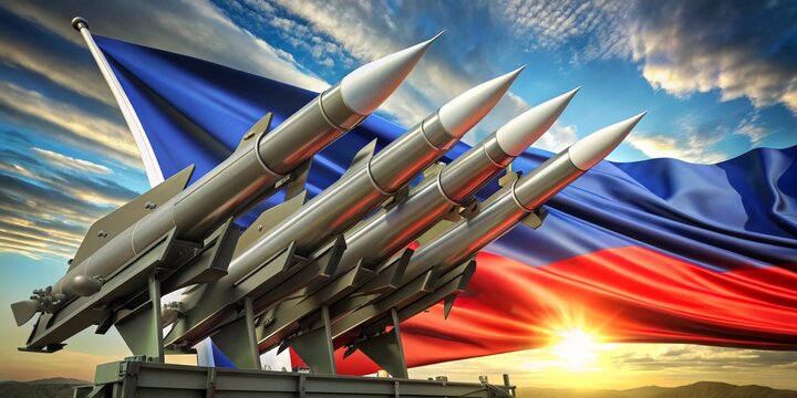 3D illustration of missiles with the Russian flag in the background for defense concept - Powered by Adobe