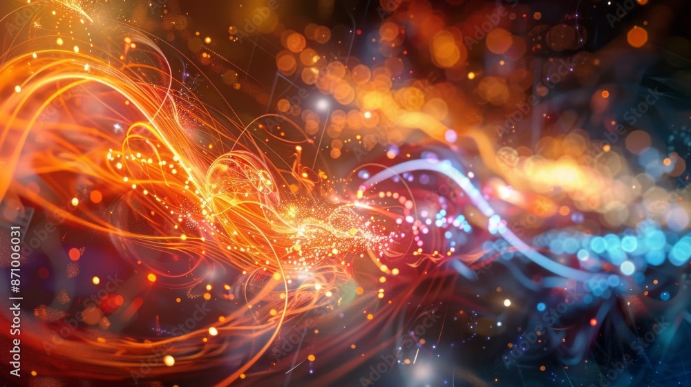 Poster A captivating abstract image featuring vibrant, intertwining light streams in an array of warm and cool colors against a dark background, resembling a cosmic energy dance