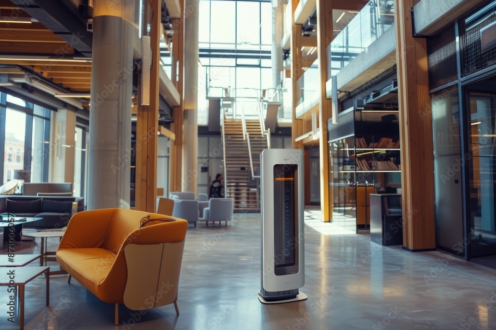 Poster energy-efficient heater in modern high-tech office with advanced technology and large windows