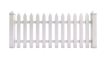 A classic white wooden picket fence with evenly spaced vertical slats, representing a traditional and charming look for gardens and yards.