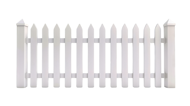 A classic white wooden picket fence with evenly spaced vertical slats, representing a traditional and charming look for gardens and yards.
