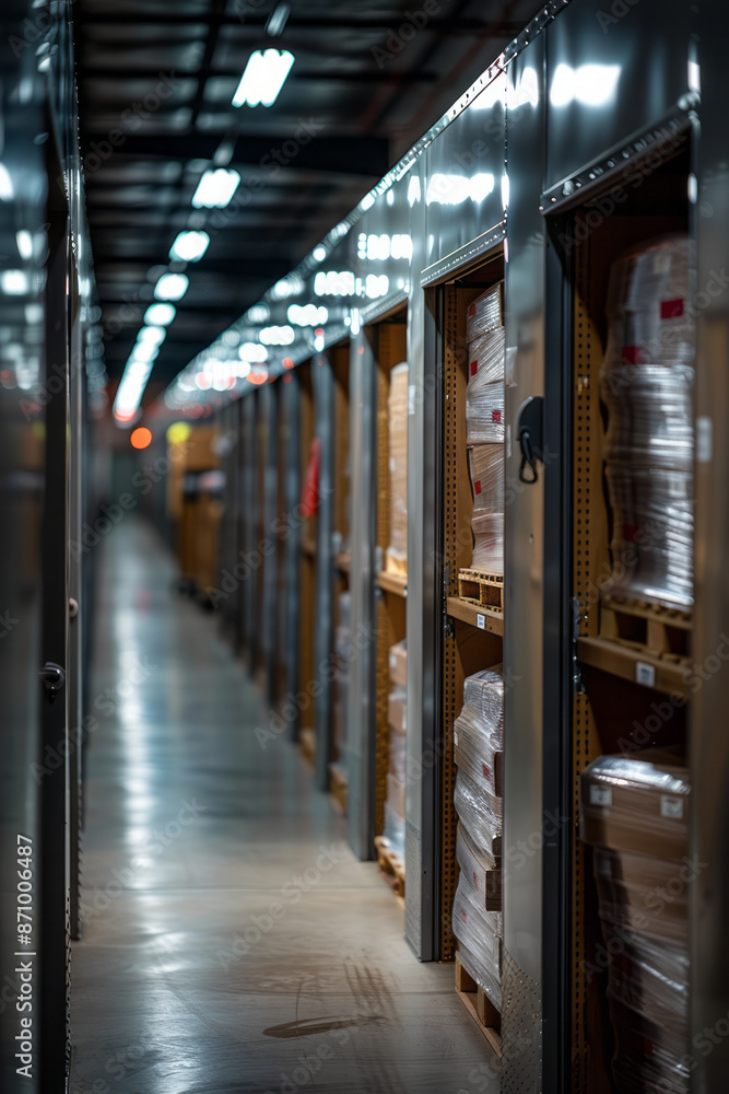 Poster close-up of movers organizing items in a storage unit, with everything neatly arranged and brightly 
