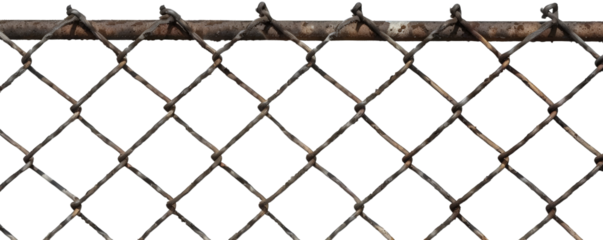 Rusty chain-link fence topped with barbed wire, representing security, isolation and boundaries. Close-up shot in daylight.