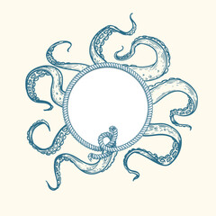 Nautical and marine style design template. Round rope frame and octopus tentacles. Hand drawn sketch style. Retro design. Vector illustration. © Sketch Master