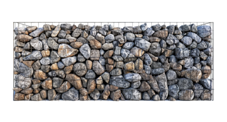 Close-up of stacked stones encased in a metal mesh, forming a gabion wall for landscape construction and architectural design.