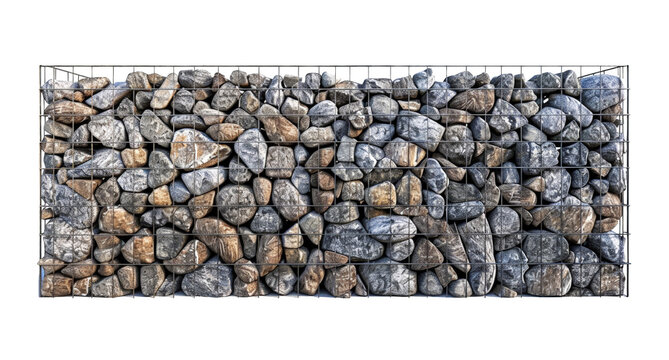 Close-up of stacked stones encased in a metal mesh, forming a gabion wall for landscape construction and architectural design.