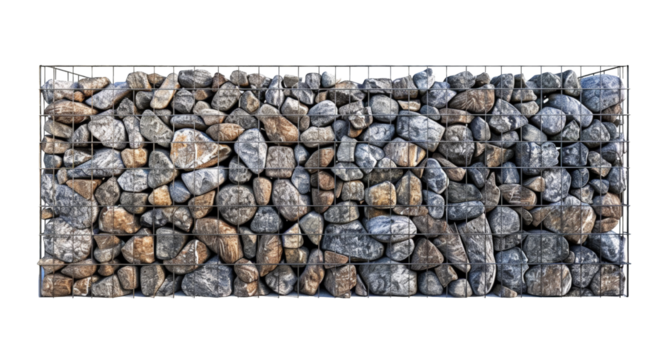 Close-up of stacked stones encased in a metal mesh, forming a gabion wall for landscape construction and architectural design.